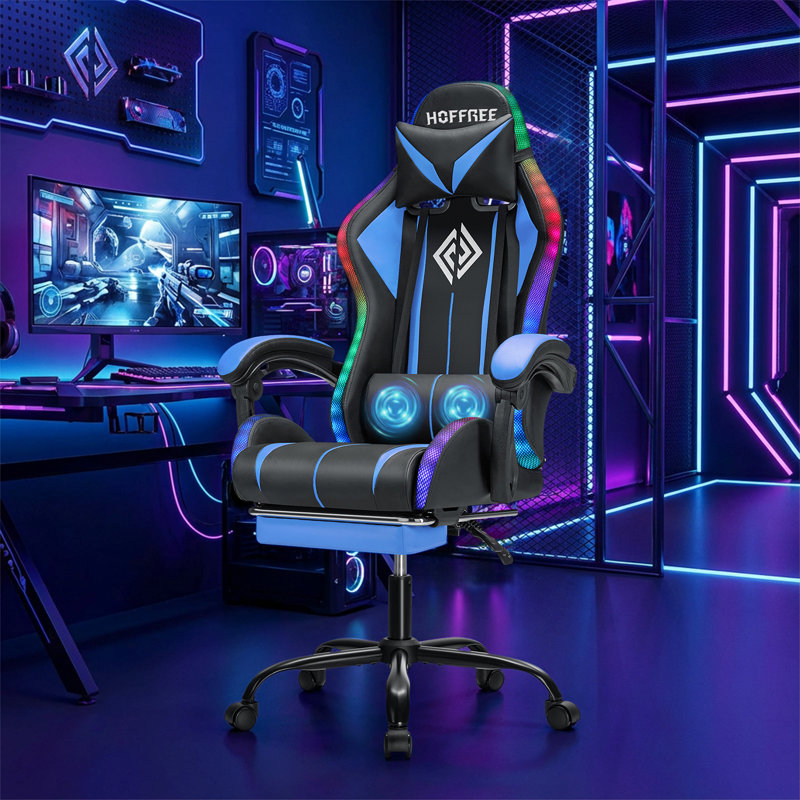 HOFFREE Gaming Chair With LED RGB Lights With Massage And Footrest Ergonomic Computer Chair High Back Video Game Chair With Adjustable Lumbar Support Linkage Armrest