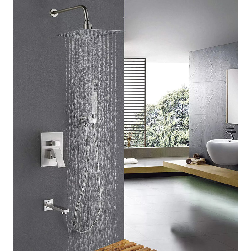 Ensembles de robinet de douche à pluie 10 "avec bec de baignoire en cascade et nickel brossé à main