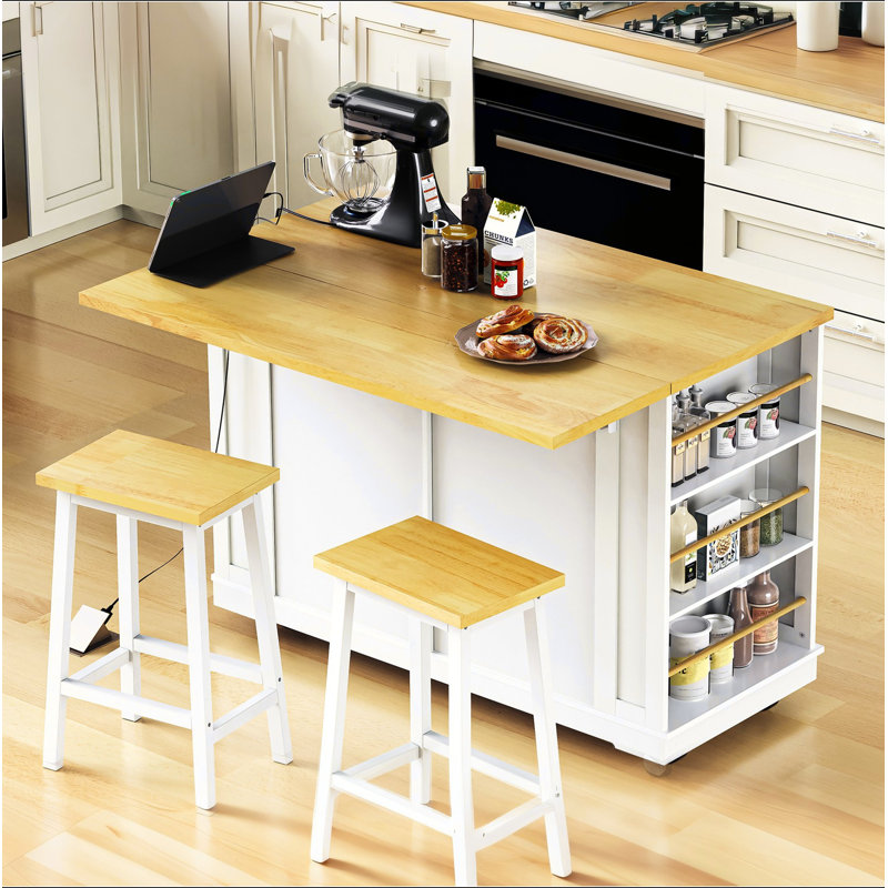 Îlot de cuisine 48 pouces avec 2 tabourets de bar, prise de courant, support de rangement interne pour porte, chariot de rangement pour cuisine sur 5 roulettes avec abattant, 5 supports latéraux, 2 tiroirs (trois ensembles)