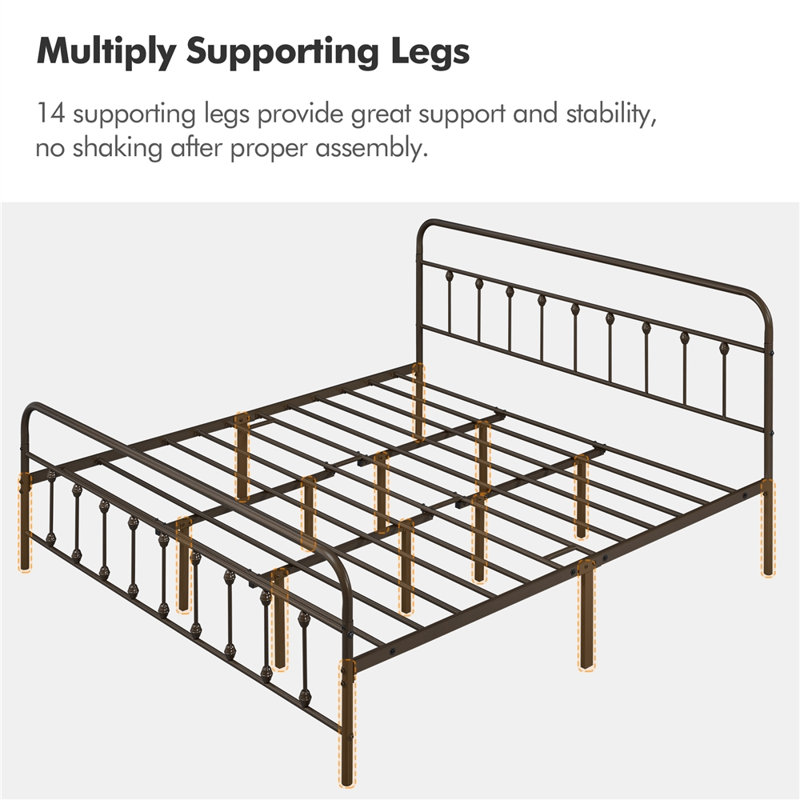 Bronze King Size Metal Platform Bed with High Headboard