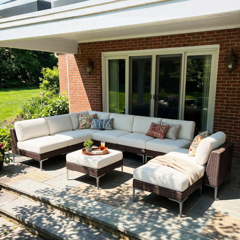  9-piece Wicker Rattan Patio Furniture Set, Deep Seating Outdoor Modular Sectional Sofa Conversation Set With Thick Cushions For Lawn, Garden