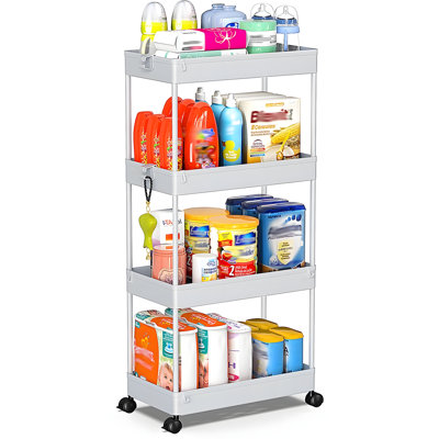 4-Tier Rolling Storage Cart With Adjustable Shelves, Mobile Utility Organizer For Bathroom Kitchen Living Room Laundry Room Office, Durable Plastic Construction With Wheels