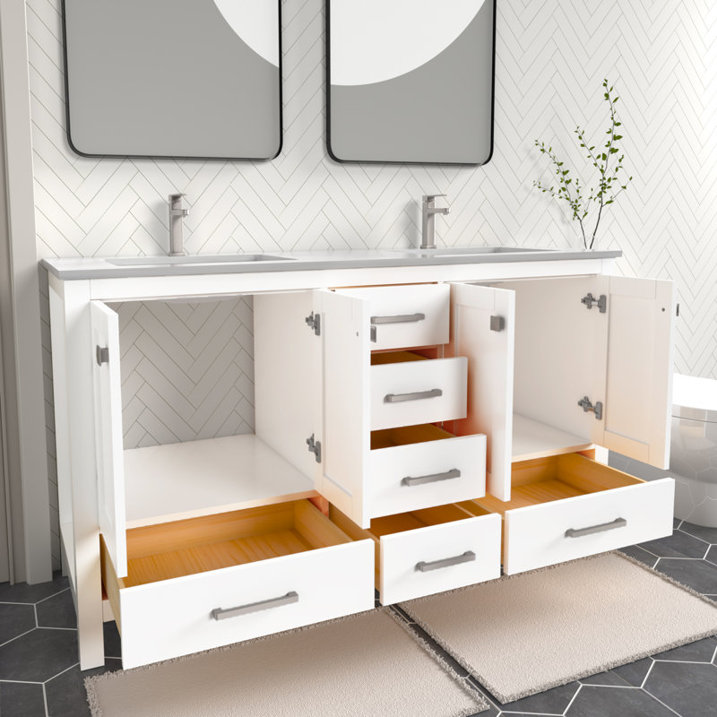 Anvay 60 in. Double Sinks Freestanding Bath Vanity in Matte White with Carrara Quartz Top, Matte White