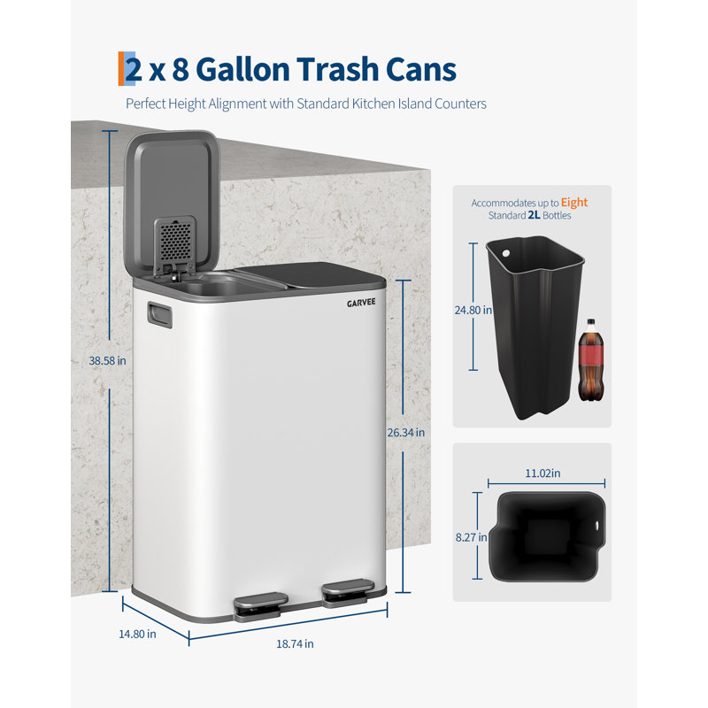 2 x 8 Gal (30L) Dual Compartment Stainless Steel Kitchen Trash Can, Step Recycling Bin with Soft-Close Lid, Fingerprint Resistant, Grey-White