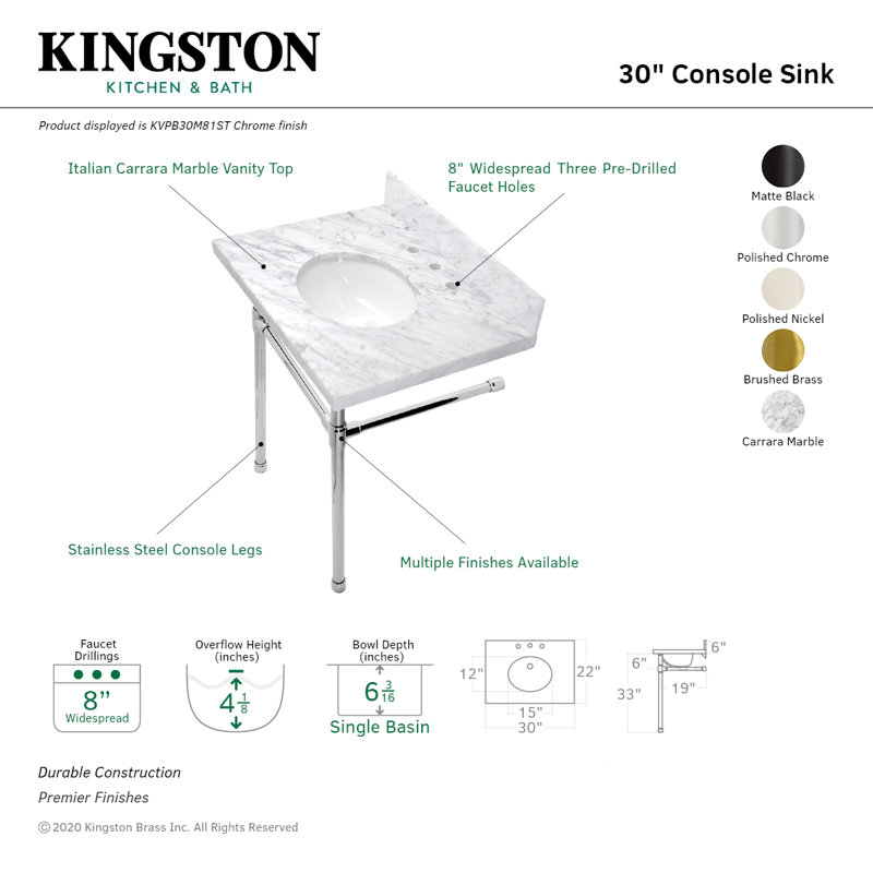 Kingston Brass Dreyfuss 30-Inch Carrara Marble Vanity Top with Stainless Steel Legs (8-Inch, 3-Hole)