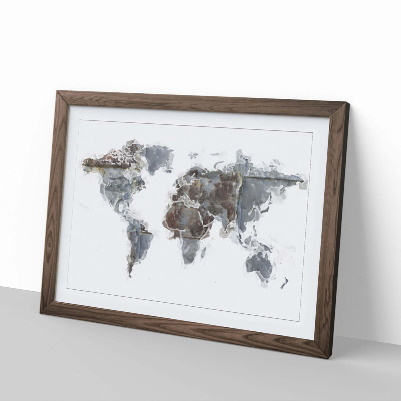 Rusted World Map in Abstract - Picture Frame Painting Print, Walnut, 35cm H x 50cm W x 2cm D