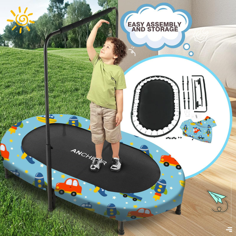 Trampoline ovale pliable de 4,7 pi avec guidon, Voiture bleue