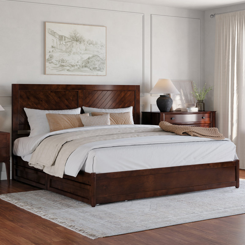 Lamarkus Solid Wood Storage Platform Bed with Footboard & Under Bed Drawers, Walnut, King