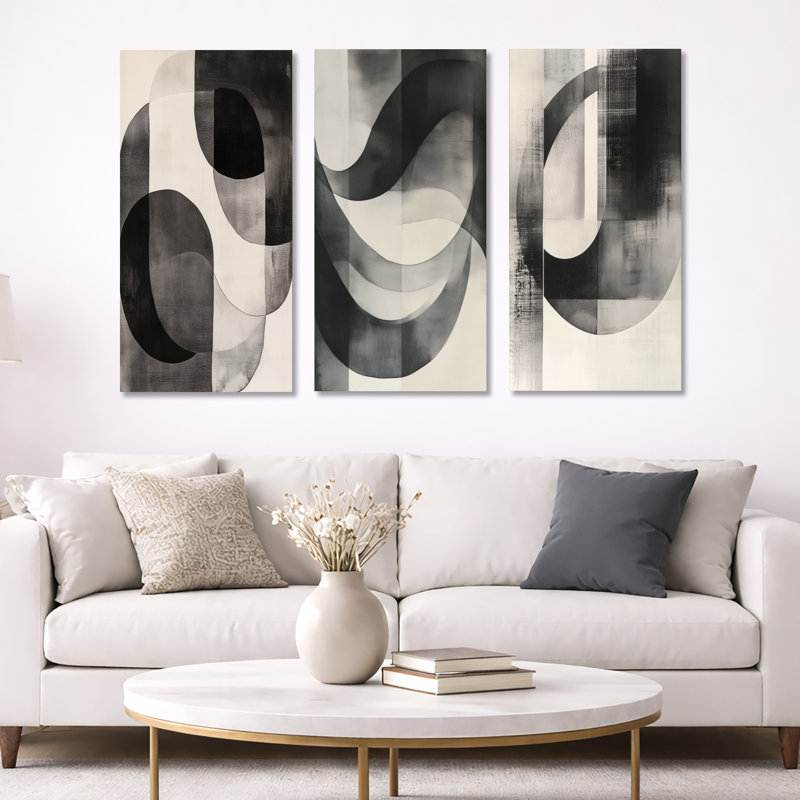 Géométrie noire et blanche Minimal Curves I - Formes abstraites, art mural sur toile, ensemble de 3, H 40 po x l 60 po