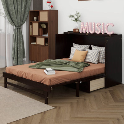 Grand lit escamotable, armoire-lit en bois de pin avec centrale électrique et panneau de décoration en rotin