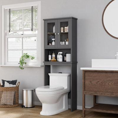 Over The Toilet Storage Cabinet For Bathroom, Storage Organizer Over Toilet, Space Saver With Tempered Glass Doors,