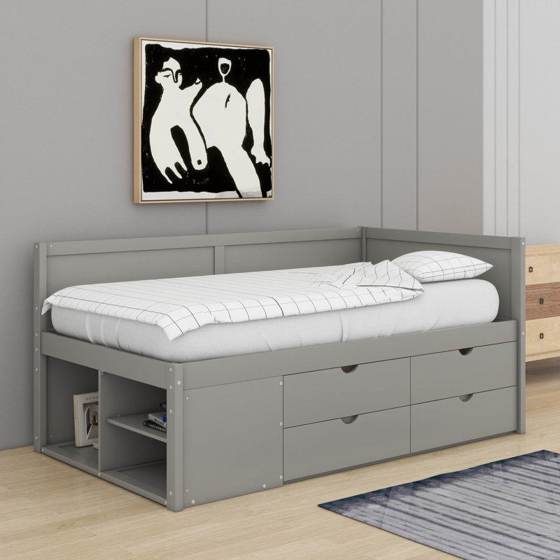 Twin Size Daybed With Drawers And Shelves, Gray, Twin