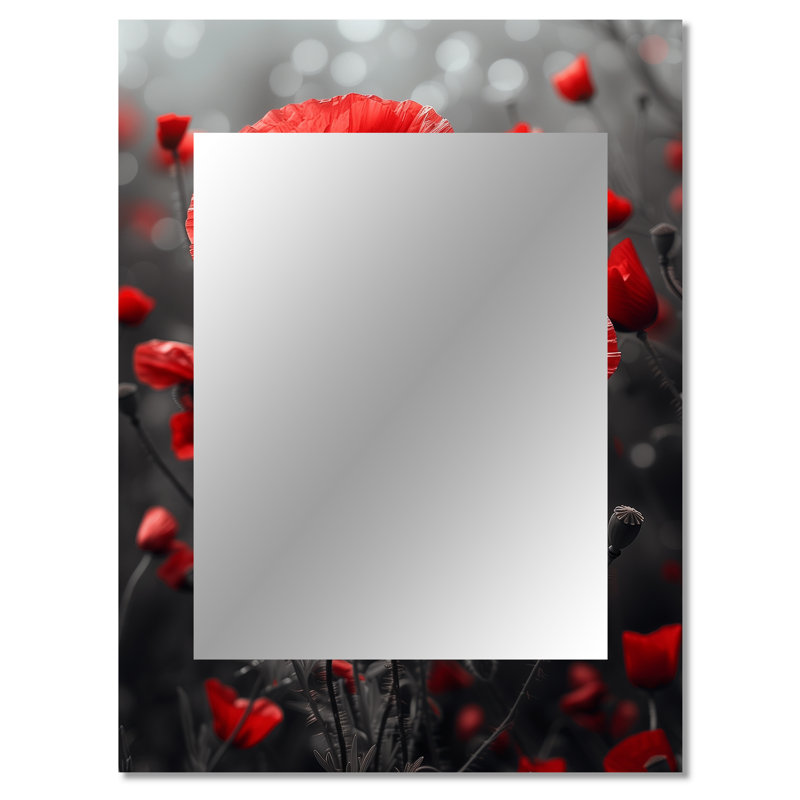 Rouge, noir, coquelicots, charme monochrome II - grand miroir mural coquelicots, miroir traditionnel unique, impression d'art en métal