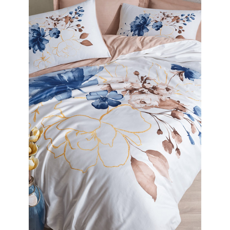 Ensemble de housse de couette 100% coton beige / bleu / blanc Stelo 4 pièces