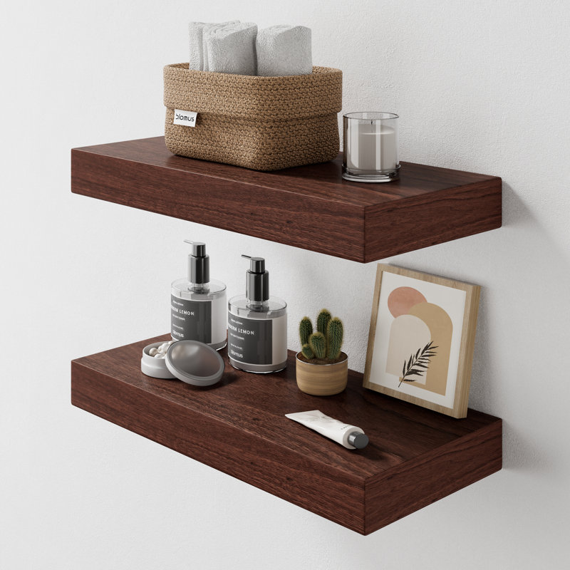 Friesen 2 Piece Painted Wood Floating Shelves, Bathroom Wall Shelves 2 Inches Thick, Dark Brown Wood, 2" H x 15" W x 8" D