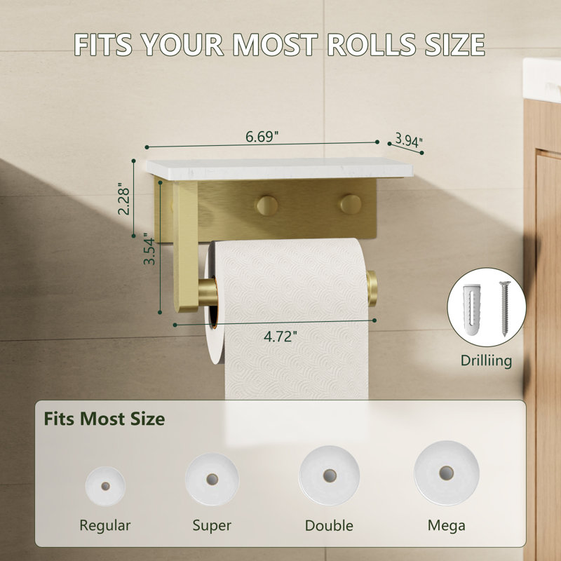 Porte-papier hygiénique en marbre avec tablette murale, Or brossé