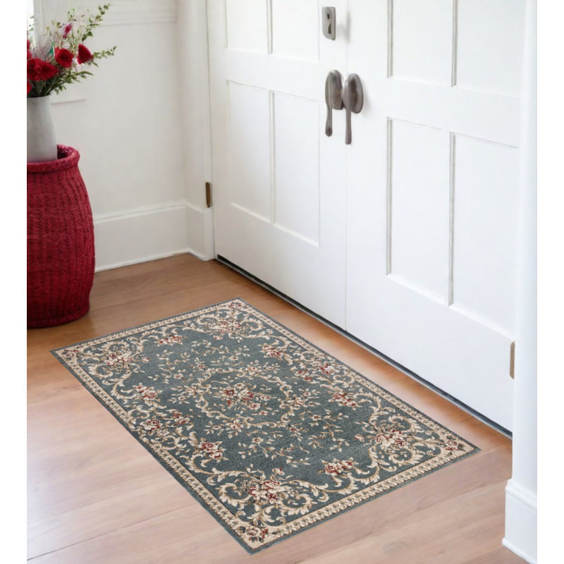 Tapis d'intérieur à bordure de vigne à motif floral bleu ardoise Hadiya, Rectangle 3 pi 3 po x 5 pi 3 po