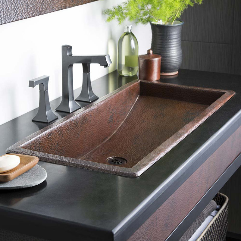 Lavabo de salle de bain rectangulaire à double cuve 36 po en cuivre martelé à la main, Cuivre antique