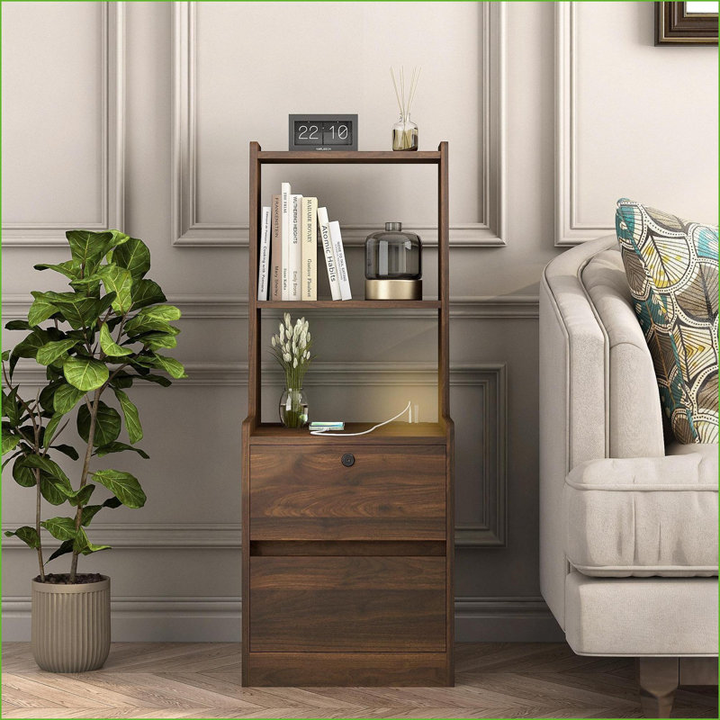 Table de chevet moderne en bois avec station de charge et rangement, assemblage facile, Beige
