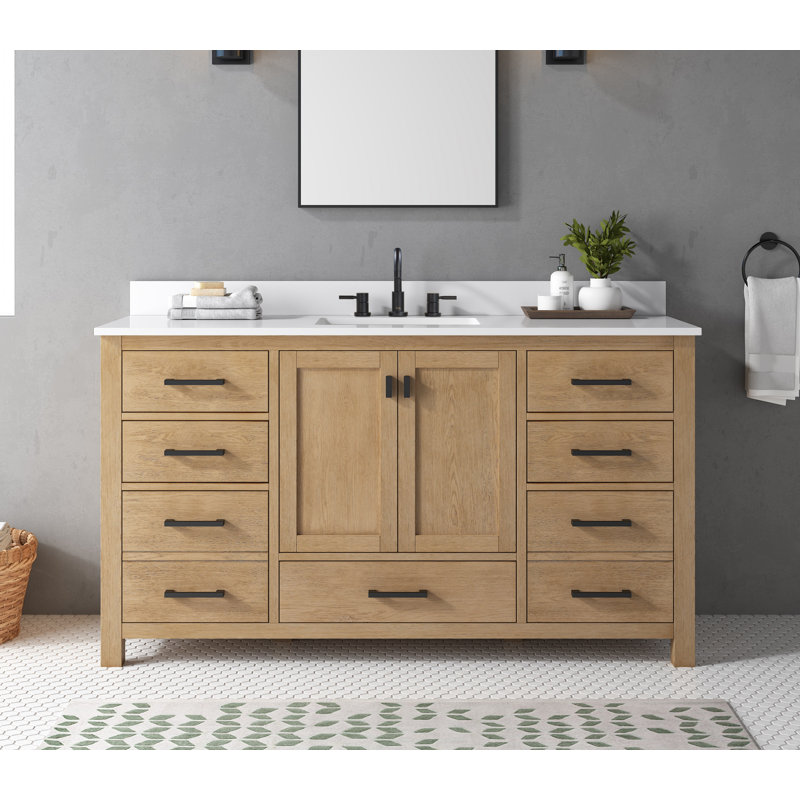 Meuble-lavabo simple 60 po avec plateau Souther, Marbre blanc de Cala, Chêne brossé, Noir