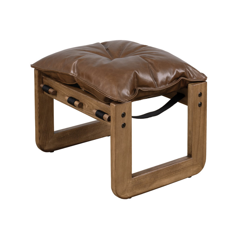 Devin  16.93'' W Top Grain Genuine Leather Upholstered Rectangle Ottoman With Solid Ash Wood Base, Chocolate