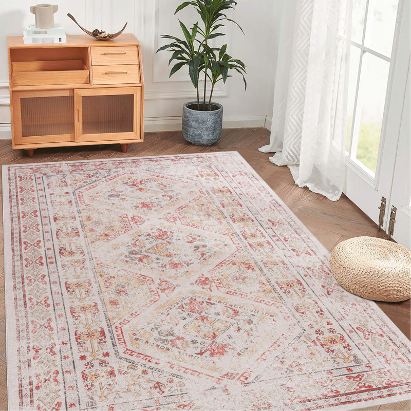 4X6 Washable Area Rug, Non-Slip, Low-Pile, Stain For Bedroom, Living Room, Kitchen, Dining Room - Beige Non-Slip Washable, Low-Pile Approved
