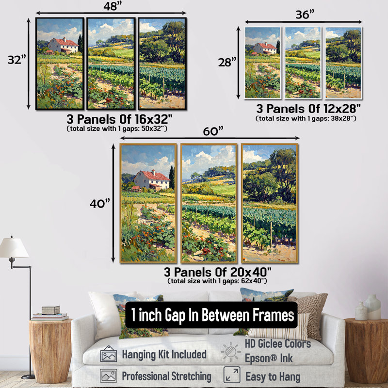 «Green and Yellow Landscape Farm Fresh II - Farmhouse», ensemble d'art mural, Toile argentée avec cadre flottant