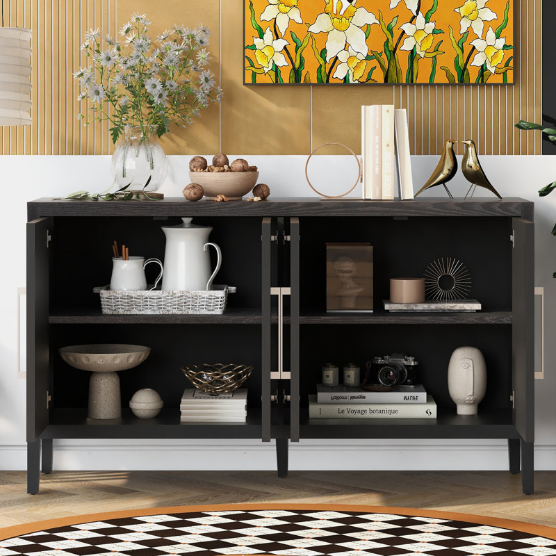 Cortisha Large Storage Cabinet Sideboard with 4 Metal Handles 4 Adjustable Shelves and 4 Doors High Quality Wood Grain Design Easy to Assemble Perfect for Home Organization and Maximizing Storage Space