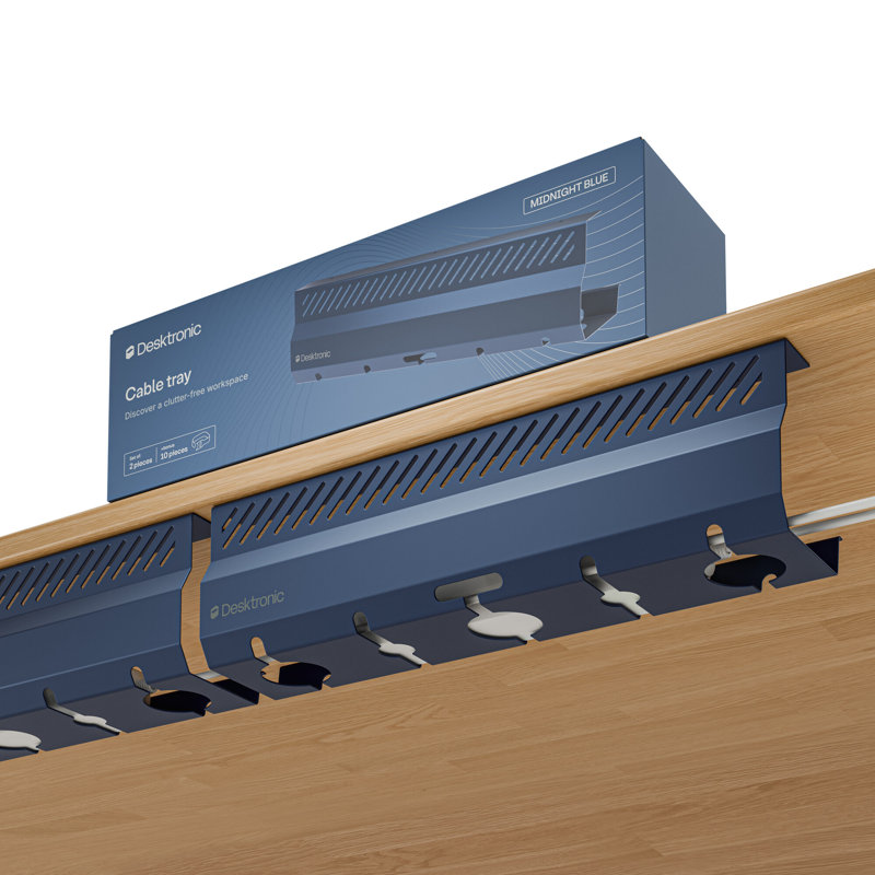 Plateau de gestion des câbles Desktronic sous-bureau – Organisateur de câbles en acier pour bureau assis-debout, ensemble de 2, fixation par vis, bleu