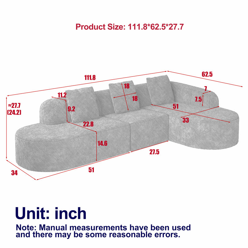 Canapé modulaire incurvé en forme de L de 111,8 pouces, design moderne avec tissu en polyester à poils longs texturé litchi, dossier incurvé avec trois coussins