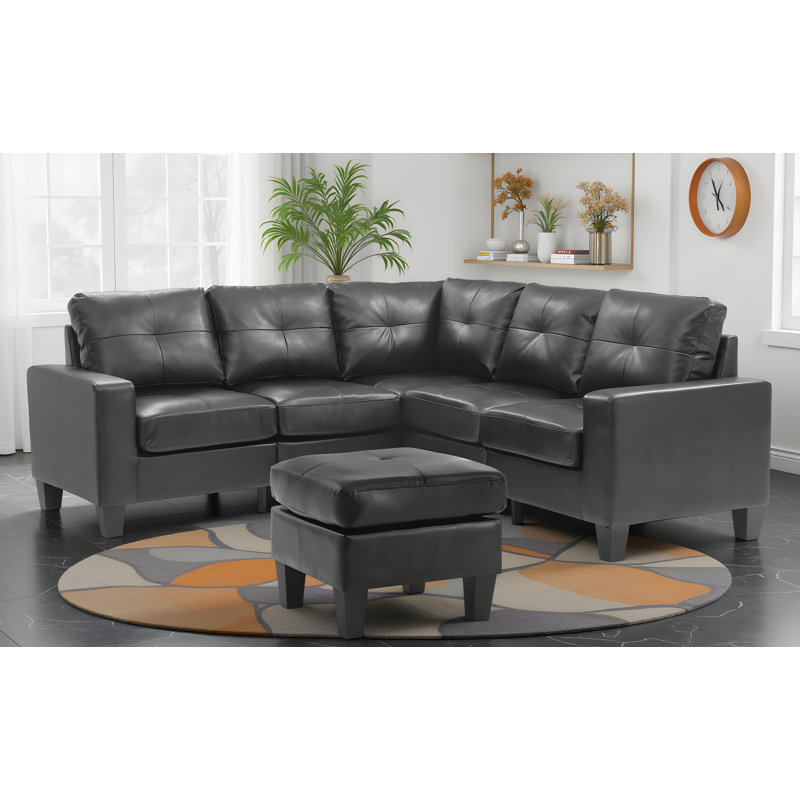 Canapé modulaire en similicuir avec repose-pieds Grèce, Noir