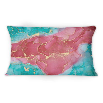 Pink And Turquoise Luxury Abstract Fluid Art - Modern Printed Throw Pillow 12" x 20"