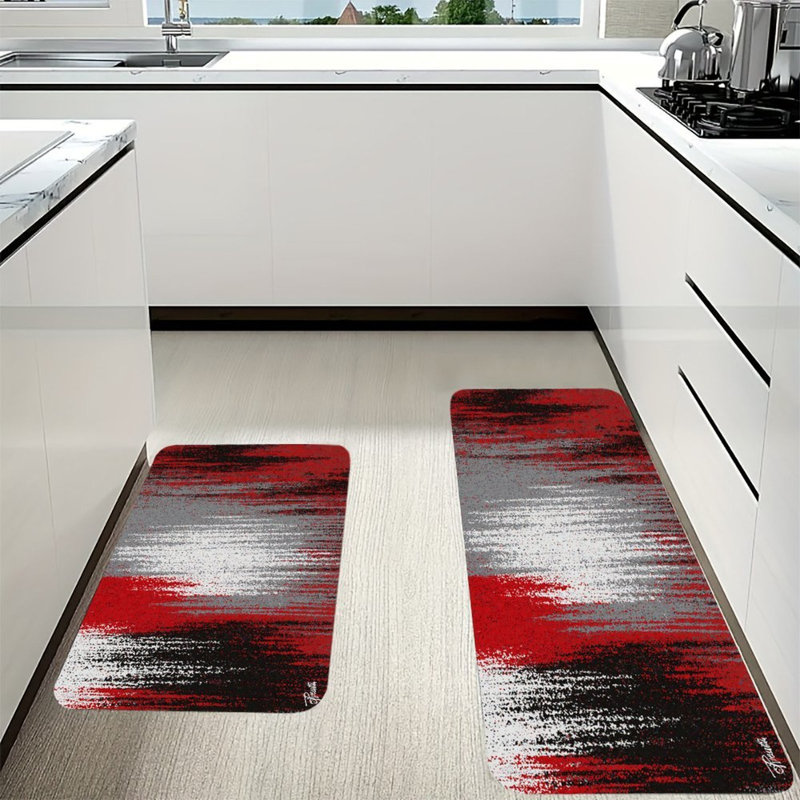 Tapis de cuisine abstrait rouge-gris, ensemble de 2