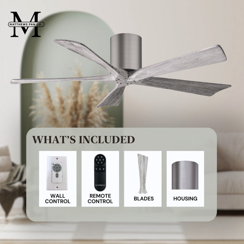 60" Irene 5-Blade Hugger Ceiling Fan with Wall Remote, Matte Black, Brushed Pewter, 42"