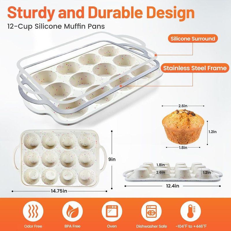 2Pack Silicone Muffin Pan for Baking with Metal Reinforced Frame, 12 Cup Regular Size Cupcake Pan