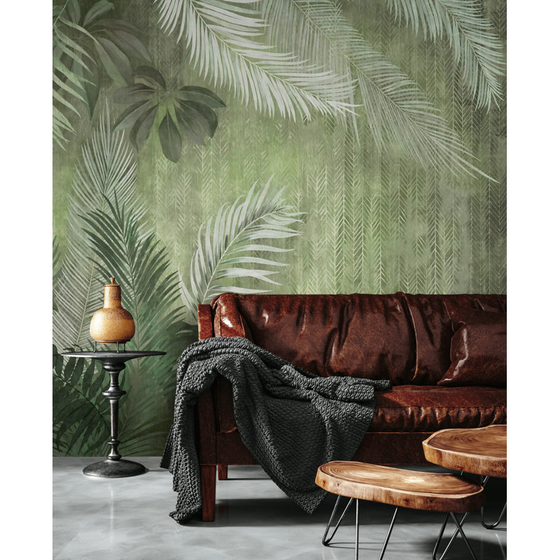 Murale tropicale à feuilles exotiques monochromes Ellenburg, L 75 po x l 112 po