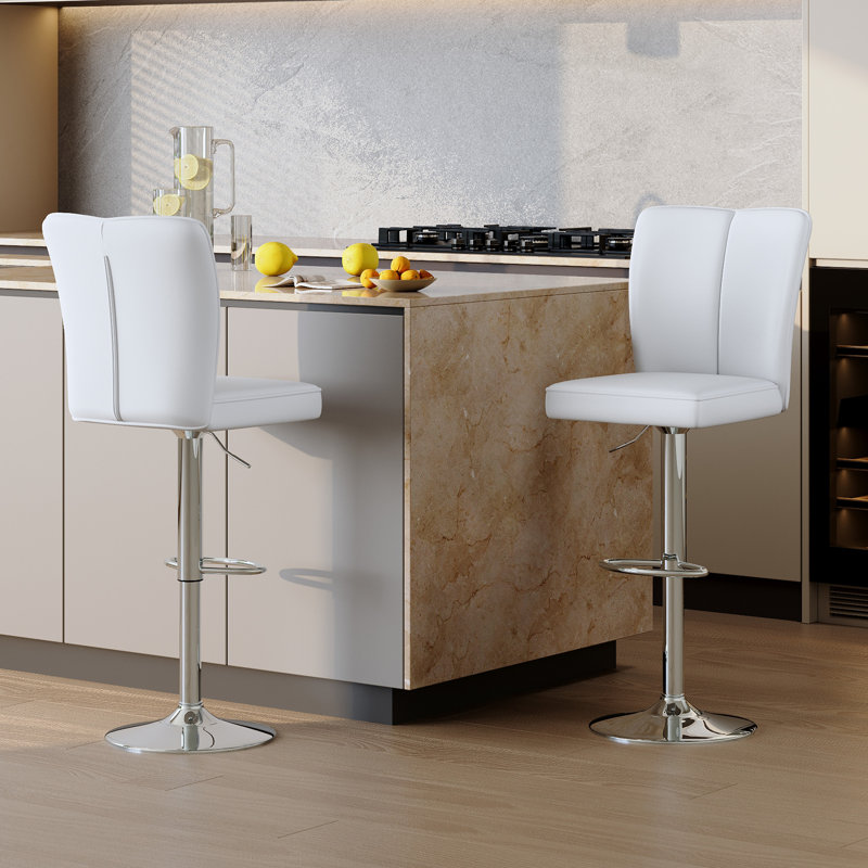 Modern Height-Adjustable Swivel Faux Leather Bar Stool Set, White