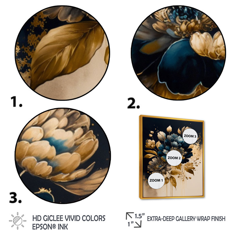«Biston Blue and Gold Zinnia Flowers II», reproduction sur toile, H 32 po x l 16 po x P 1 po, Cadre flottant doré