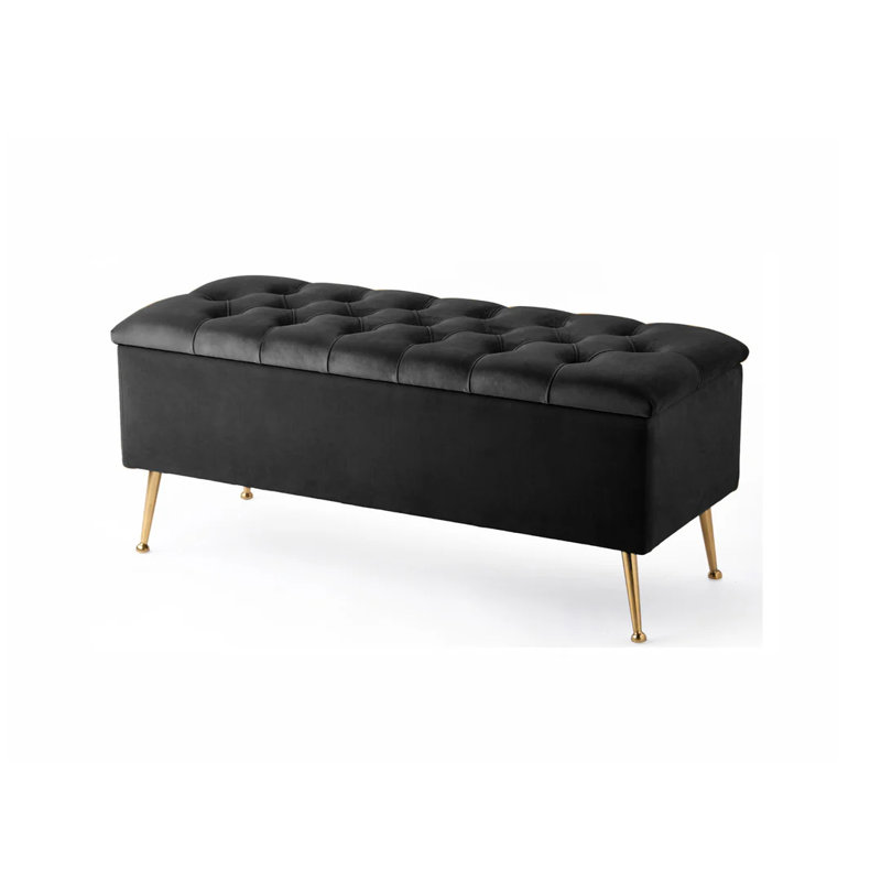 Amara Wide Velvet Tufted Rectangle Storage Ottoman Footstool Upholstered Bench with Legs for Living Room & Bedroom, Black