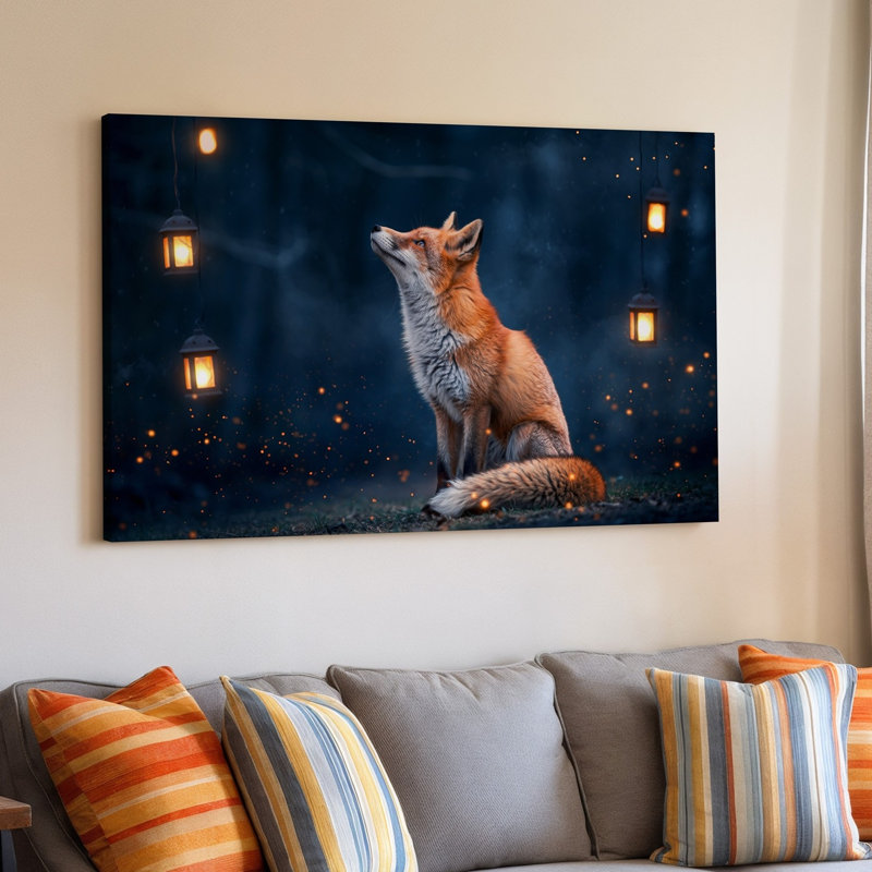 Toile, scène sereine nocturne avec un renard roux assis gracieusement, art mural sur le sol, H 30 po x l 30 po