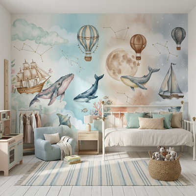 Murale baleines, aquarelle et fantaisie
