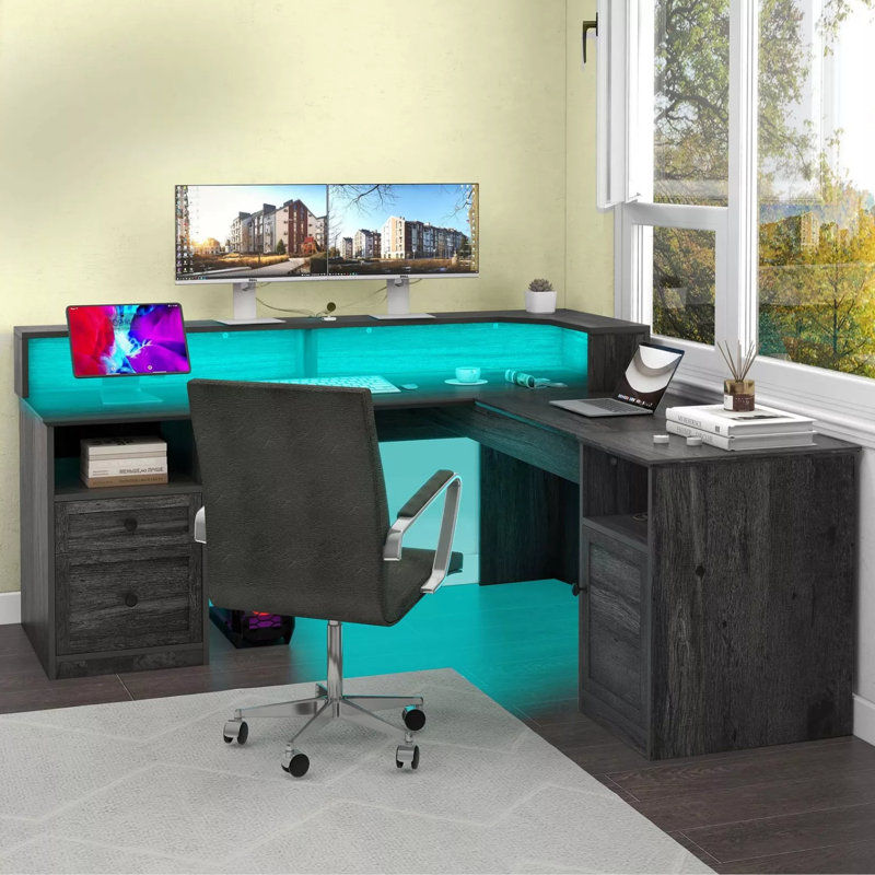 Bureau en L Balconera de 60 po avec prise de courant, lumières DEL et plateau relevable, Gris