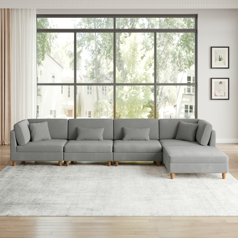 Canapé modulaire en velours côtelé gris clair avec dossier coussiné et repose-pieds amovible Seemab, Velours côtelé gris pâle