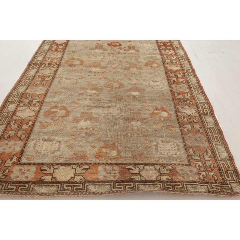 Tapis vert / orange en laine fait à la main vintage Mid-20Th Century Samarkand 4 pi 3 po x 8 pi 6 po Vintage