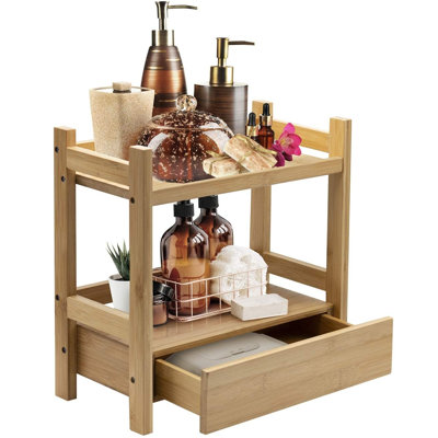 Tablette de comptoir en bambou à 2 niveaux avec tiroir caché - Organisateur de maquillage - Rangement polyvalent