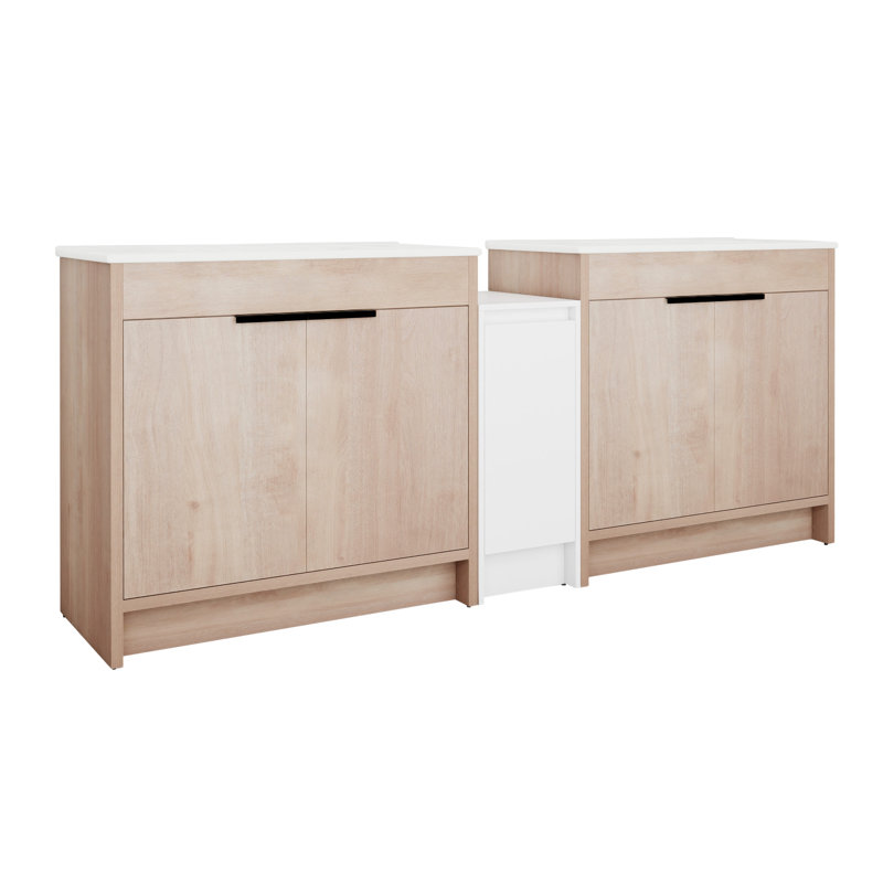 Meuble-lavabo autoportant avec lavabo en céramique et armoires de rangement, Blanc brillant / chêne clair clair
