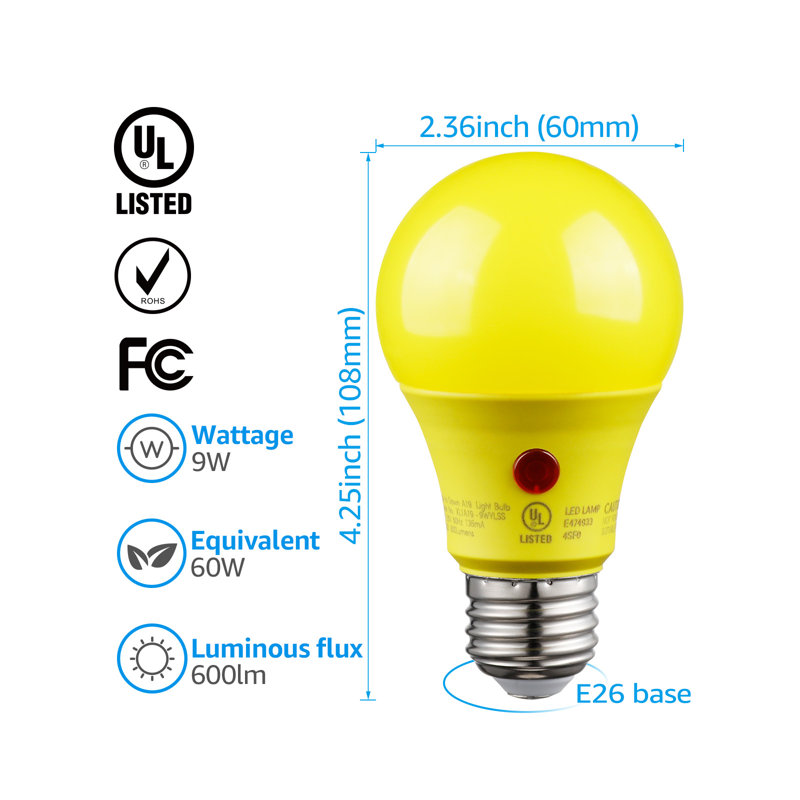 Ampoule DEL A19 9 W (équivalent 60 W) à détecteur crépusculaire, boîtier jaune, ampoule anti-insectes extérieure avec cellule photoélectrique, blanc chaud 2700 K, homologuée UL, FCC et DOE, culot E26