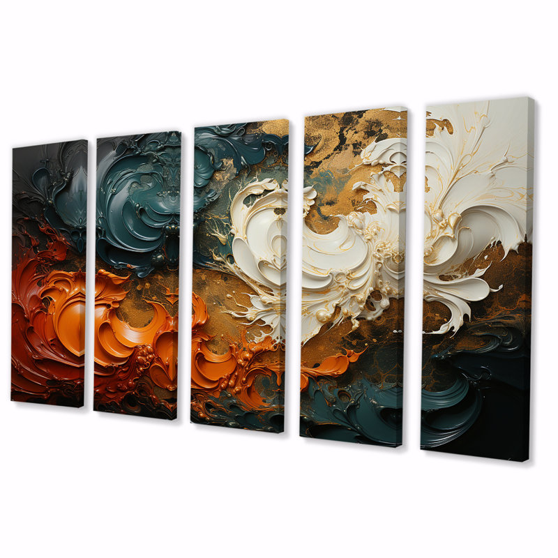 «Orange and Gold Ripple Waves Melody II», peinture abstraite, art mural 5 pièces, H 32 po x l 80 po