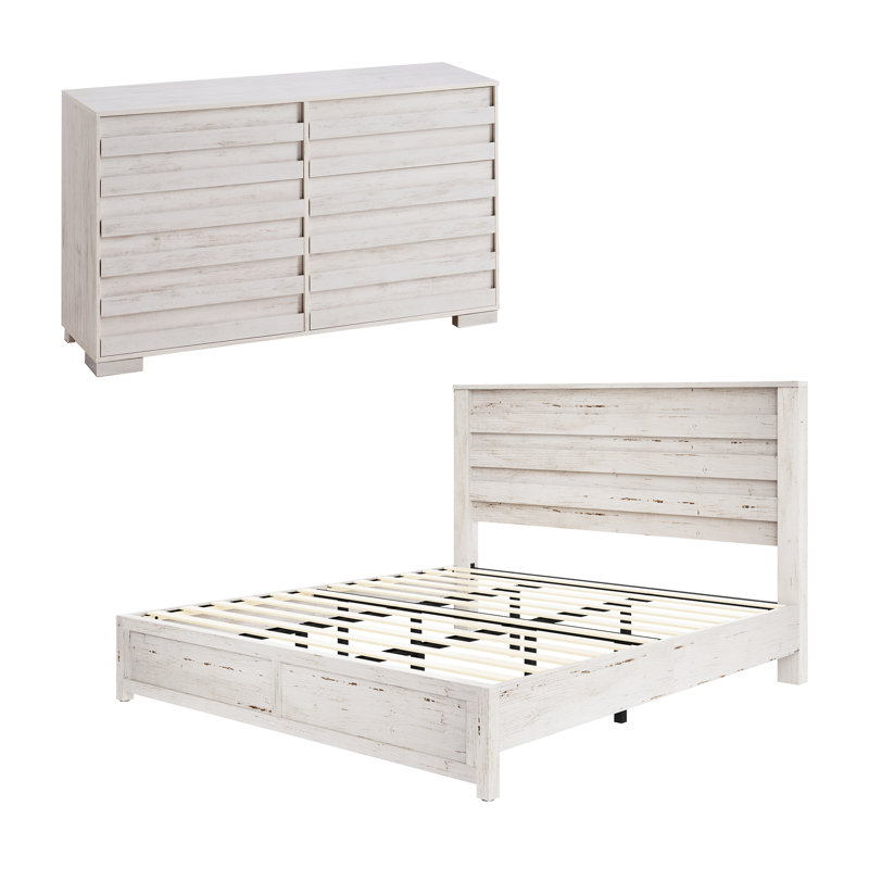  Ensemble de chambre avec très grand lit 2 pièces, lit plateforme et commode 6 tiroirs Farmhouse, blanc, Blanc, Très grand