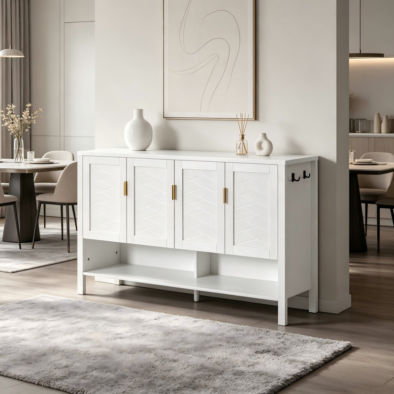 Buffet 4 portes avec tablette ouverte et tablettes réglables, crochets doubles, Blanc